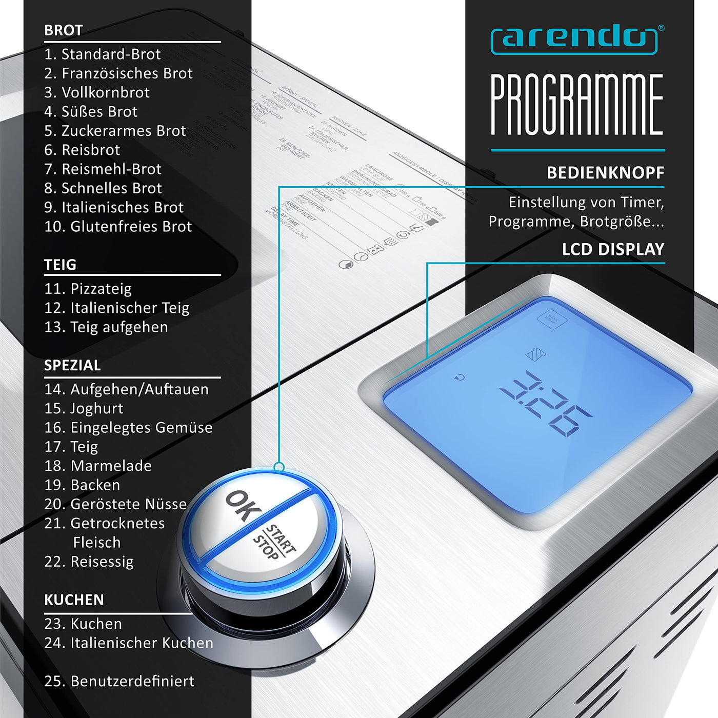 Arendo - Brotbackautomat inkl. automatisches Zutatenfach - Brotbackmaschine - 25 Programme - glutenfreies Backen – Joghurtfunktion - 1 kg Kapazität - Direktantrieb - Antihaftbeschichtung - BPA-frei