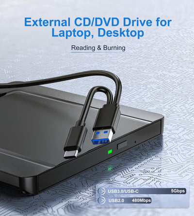 Externes CD DVD Laufwerk, Ultra dünn USB 3.0 & USB-C CD/DVD Laufwerk Extern, CD DVD +/-RW ROM Brenner Optical External DVD Drive für Laptop, PC, Desktop, MacBook, Windows 11/10/8/7/XP/Linux/MacOS