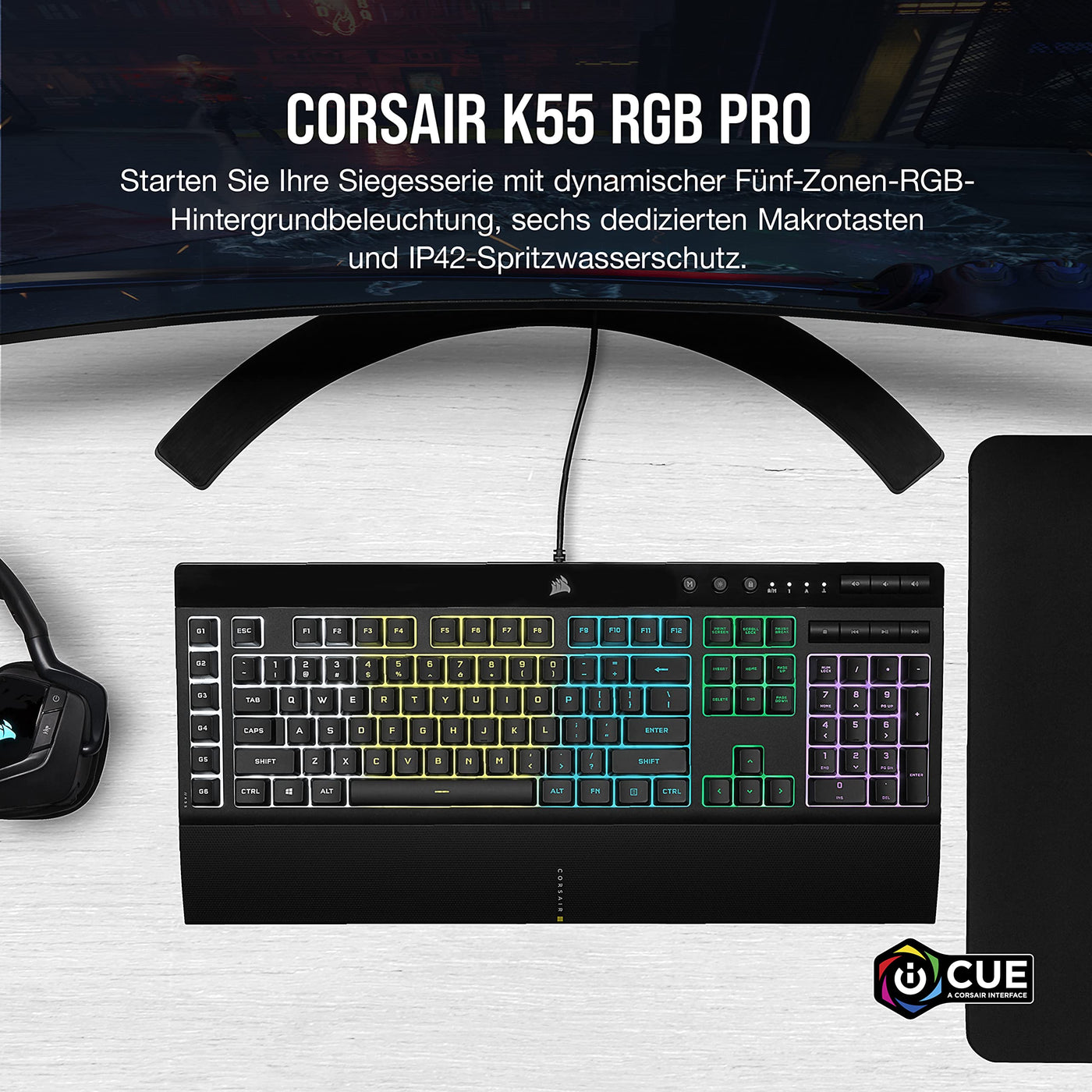 CORSAIR K55 RGB PRO Kabelgebundene Membrantastatur - IP42 staub- Und Spritzwassergeschützt - 6 Makro-Tasten Mit Elgato-Integration - iCUE-Kompatibel - QWERTZ DE - PC, Mac, Xbox - Schwarz