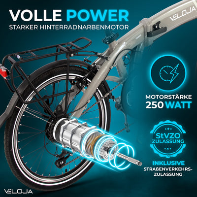 VELOJA® Ebike Klapprad – elektrisches Fahrrad faltbar – 20 Zoll – StZVO Ausstattung – 250W Hinterradnabenmotor 41 Nm, bis 100 km Distanz – 9 Gang – 5 Unterstützungsstufen – Alu – 21kg – Made in EU