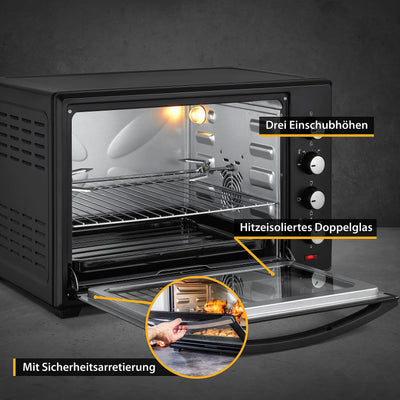 TZS Minibackofen mit Umluft 45l - Minibackofen 2000 Watt zum Kochen, Backen & Hähnchengrill - Temperaturregler 100-230°, energieeffizient, optimal für Miniküche, Camping, Apartment - inkl. Zubehör