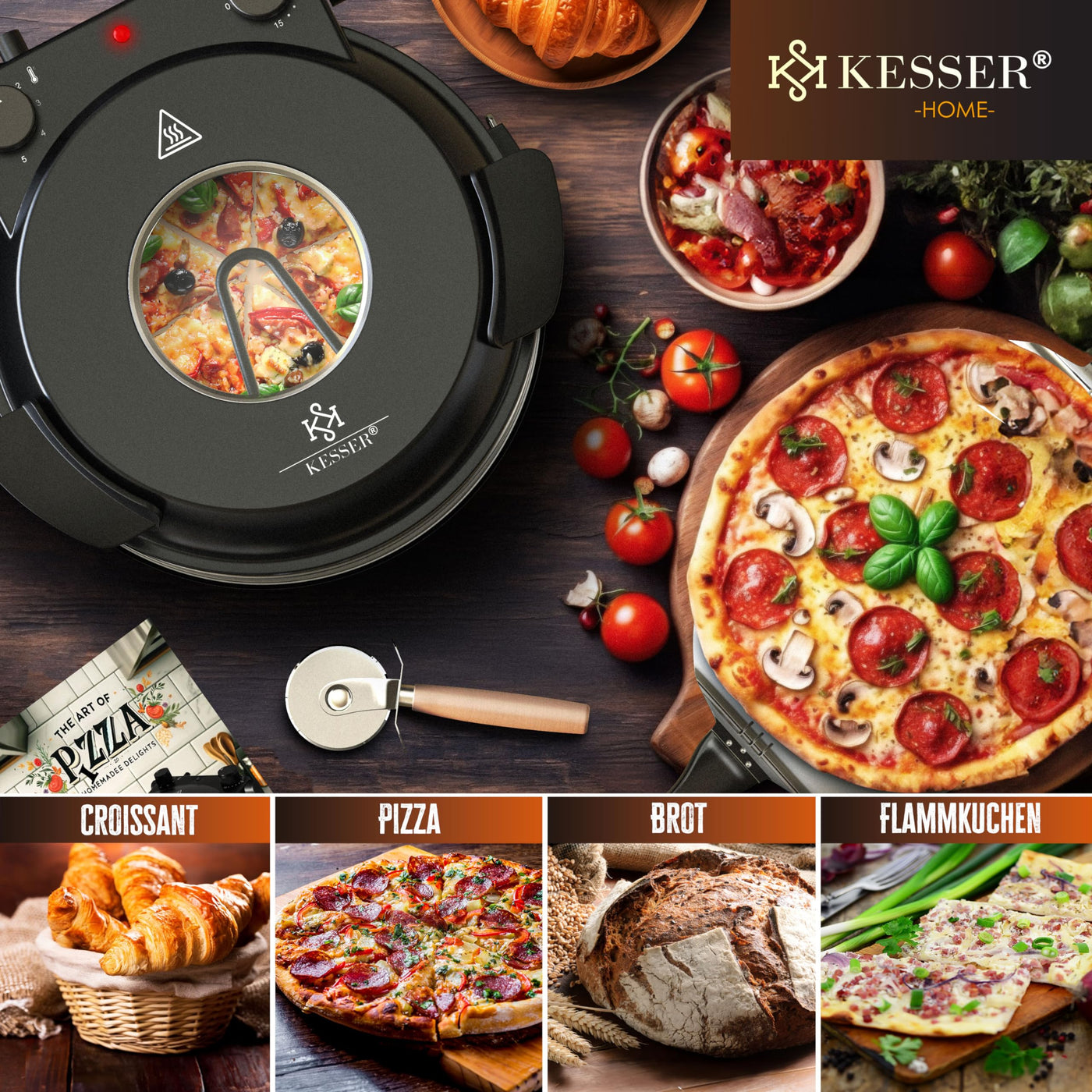 KESSER® Pizza-Ofen elektrisch bis 400 Grad | Elektrischer Pizzabäcker 1200W mit feuerfester Steinplatte & Timer Durchmesser 32cm | 5 Heizstufen & Sichtfenster | inkl. Pizzaschneider & Rezeptbuch