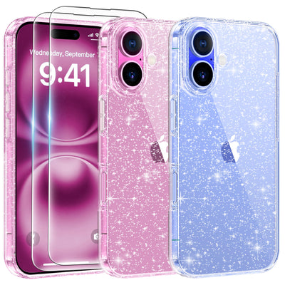 AROYI 3 in 1 Klar Glitzer Handyhülle Kompatibel mit iPhone 16 Plus Hülle Glitzer mit 2 Stück Schutzfolie, Handyhülle iPhone 16 Plus Transparent Weiche TPU Silikon Case [Anti-Yellowing]