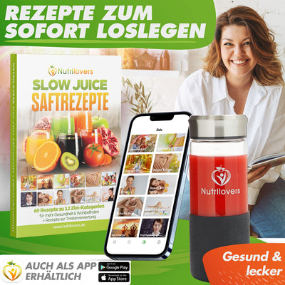 NUTRI-PRESS NO.1 Slow Juicer Profi Entsafter Testsieger Saftausbeute 3 Siebe Saft, Smoothie, Frucht-Eis Sehr leise, BPA-Frei - elektrische Saftpresse Obst Gemüse, Rezeptbuch, Flasche