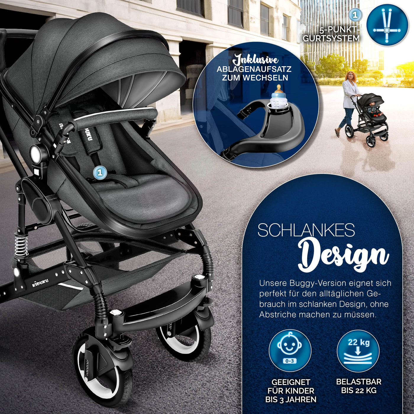 KIDUKU® 3 in 1 Kinderwagen Komplettset | Kombikinderwagen Set inkl. Babywanne & Buggy Sportsitz & Auto-Babyschale Fußsack | Vollgummireifen Wickeltasche Handwärmer Regenschutz Kindertisch ECE R129