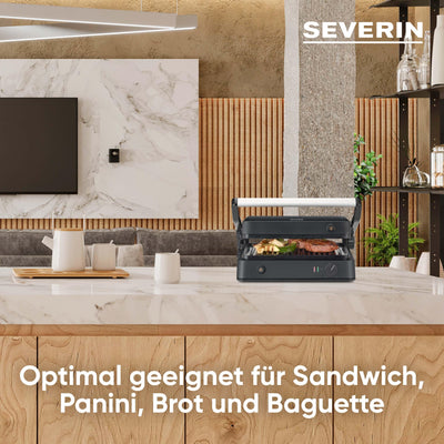 SEVERIN SEVINI Lite, Kontaktgrill für Fleisch, Fisch & Gemüse, Keramikbeschichteter Sandwich-Maker für fettfreies Grillen, Indoor-Grill bis zu 220°C Hitze, 1.800 W, schwarz, KG 2398