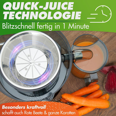 Nutrilovers *Testsieger* QUICK-JUICER Entsafter Edelstahl Obst und Gemüse I XXL-Einwurf für ganze Früchte entsaften, 800W, 2 Geschwindigkeiten, BPA-frei inkl. Trinkflasche + Rezepte Buch & App