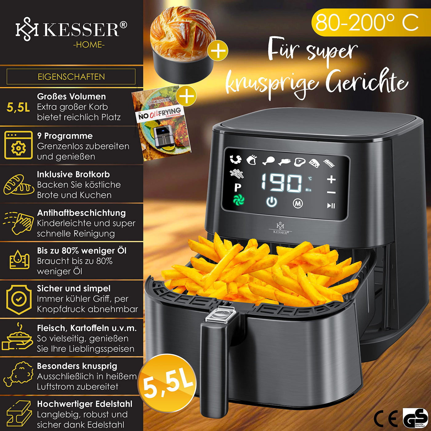 KESSER® XXL 5,5 Liter Heißluftfritteuse Edelstahl | inkl.Brotbackkorb | 1700W Friteuse Fritteuse Airfryer | Touch Display | 8 Programmen | ohne ÖL | Backofen | Heißluft | Grill | Fettfrei Schwarz