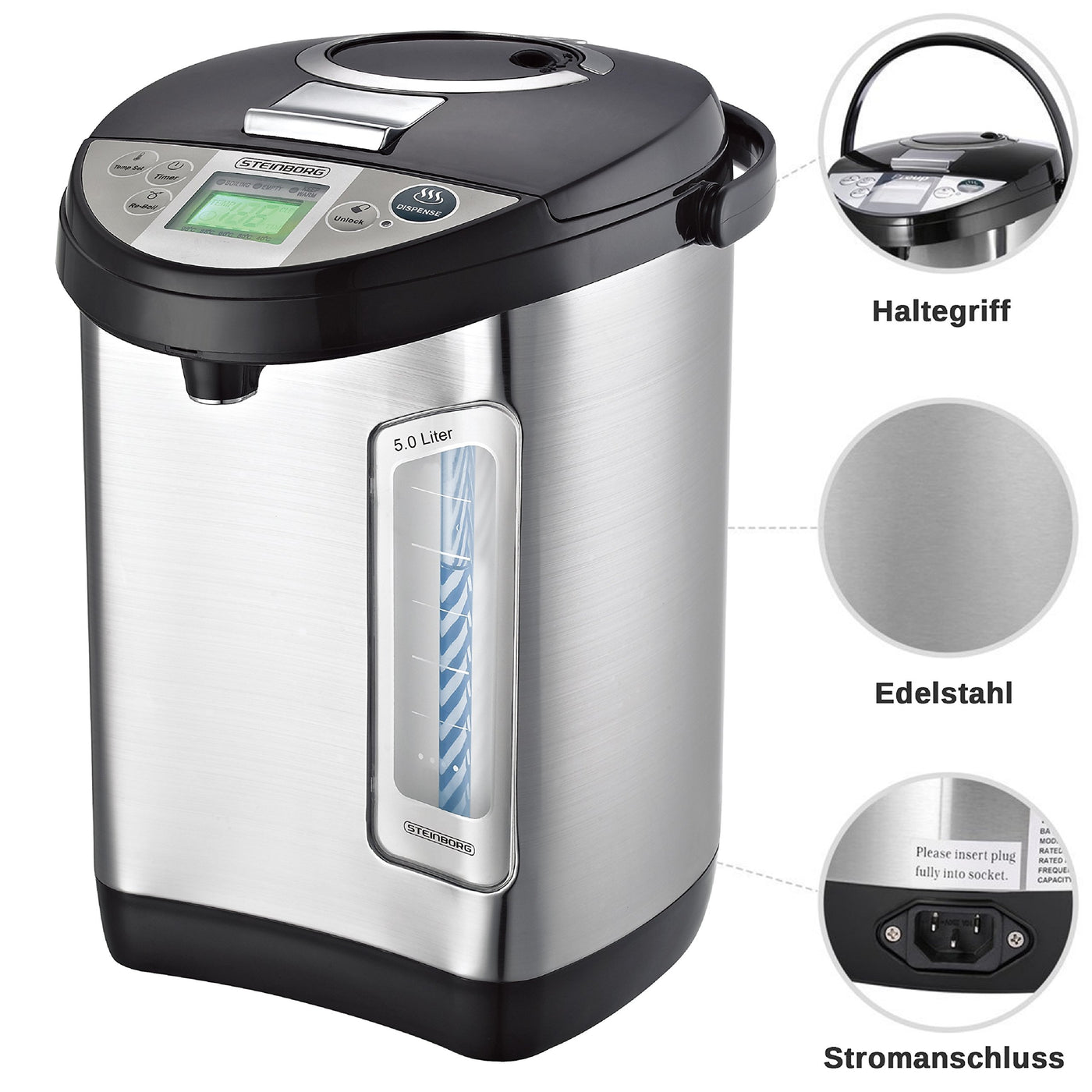 Thermopot 5 Liter | Wasserspender | LC Display | Perfekt für Glühwein geeignet | Edelstahl Heißwasserspender | WasserkocherGlühweinkocher | Dispender | Teekocher | Thermoskanne | Glühweinspender