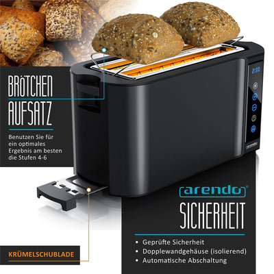 Arendo - Edelstahl Toaster Langschlitz 4 Scheiben - Touchscreen – Doppelwandgehäuse – 1500 W – Integrierter Brötchenaufsatz – 7 Bräunungsgrade – Brotzentrierung – Restzeitanzeige – Memoryfunktion