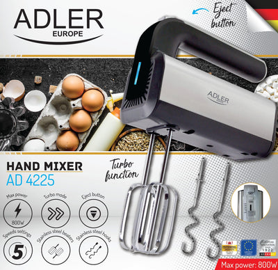 ADLER AD 4225 INOX Handmixer, 800 W, Küchenmaschine, Mixer mit 3 Funktionen, Handrührgerät, Handrührer, schwarz/silber, Küchenmixer