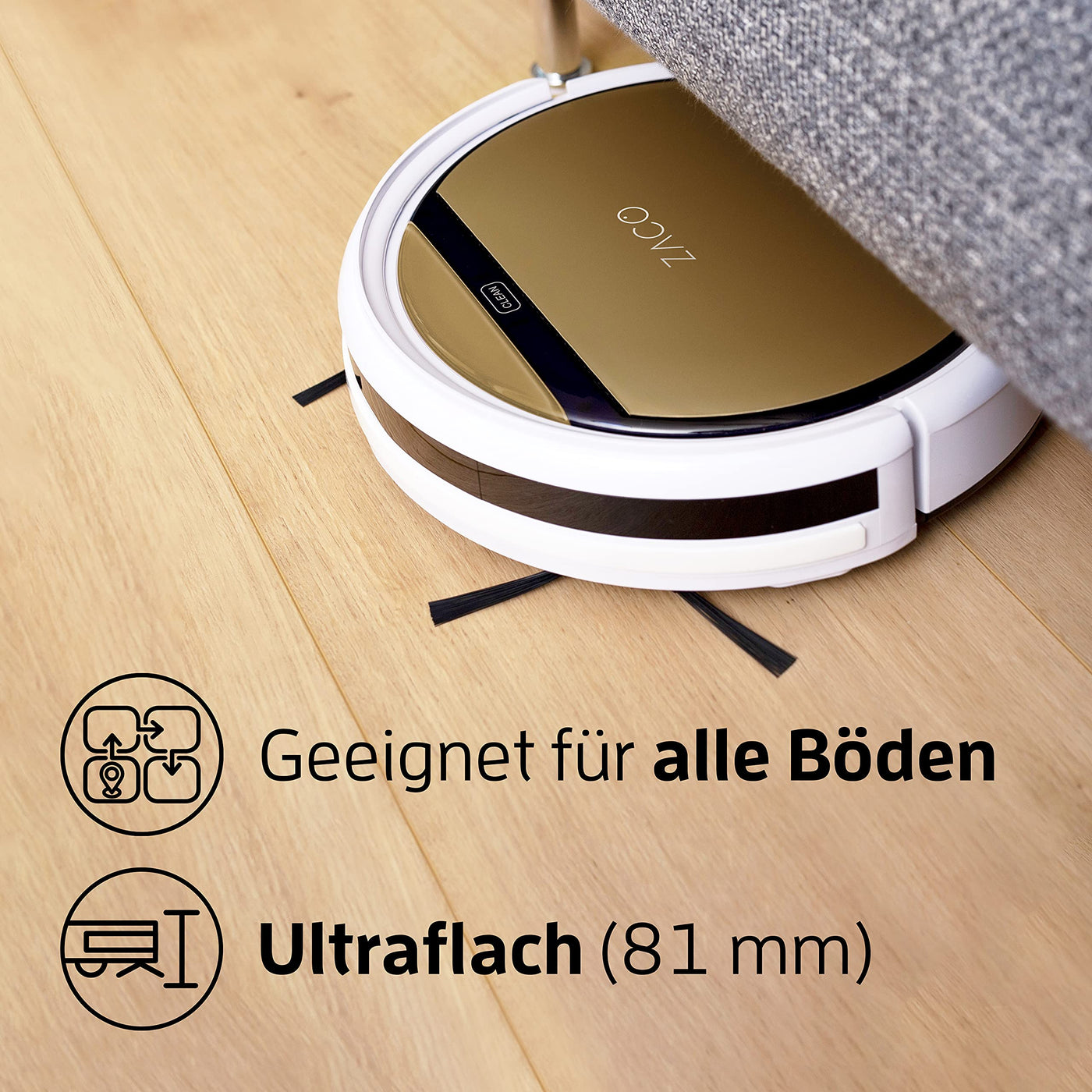 ZACO V5x Saugroboter mit Wischfunktion, App & Alexa Steuerung, 8,1cm flach, automatischer Roboter, 2in1 Wischen oder Staubsaugen, für Hartböden, Fallschutz, mit Ladestation, Mit Wlan, 22 W, 65 Dezibel