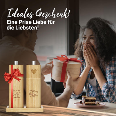 ELBFUCHS® Salz und Pfeffermühle Holz Groß [PERFEKTE GESCHENKIDEE] Liebevolles 2-er Set Pfeffer und Salzmühle mit Keramikmahlwerk | Ideal für Hölzerne Hochzeit Geschenk Einzug, Polterabend