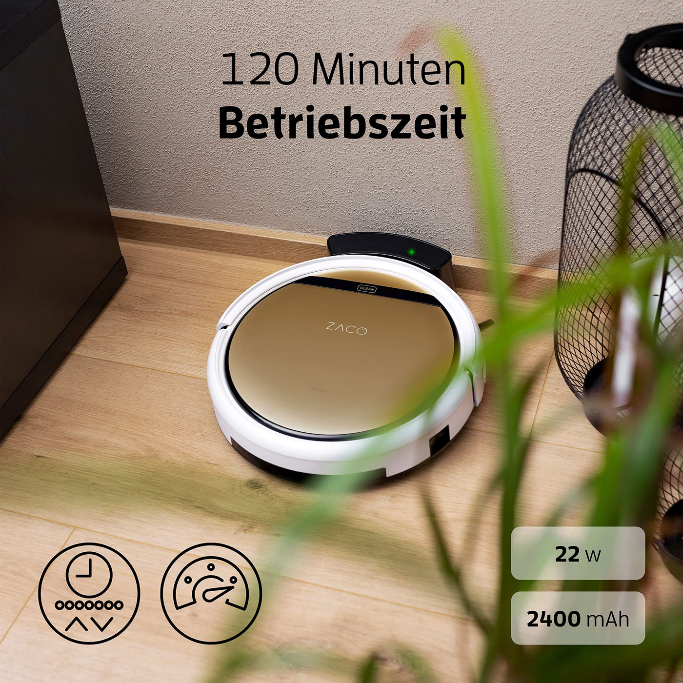 ZACO V5x Saugroboter mit Wischfunktion, App & Alexa Steuerung, 8,1cm flach, automatischer Roboter, 2in1 Wischen oder Staubsaugen, für Hartböden, Fallschutz, mit Ladestation, Mit Wlan, 22 W, 65 Dezibel