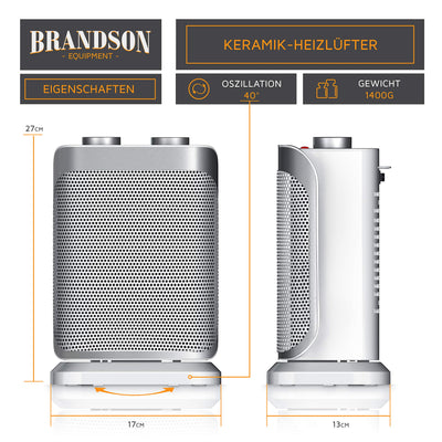 Brandson - Heizlüfter energiesparend leise - 1500 Watt - 2 Leistungsstufen - Heizlüfter Badezimmer - stufenlose Temperaturregelung - Keramik Heizelement - Thermosicherung - Heizung Heater