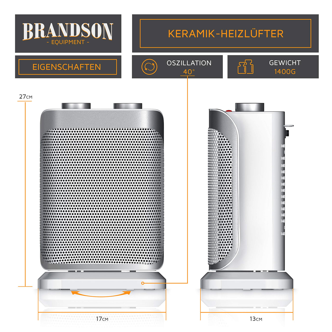 Brandson - Heizlüfter mit zwei Leistungsstufen - Heizlüfter Badezimmer energiesparend leise - stufenlose Temperaturregelung - Keramik Heizelement - Thermosicherung - Heizung, Heater