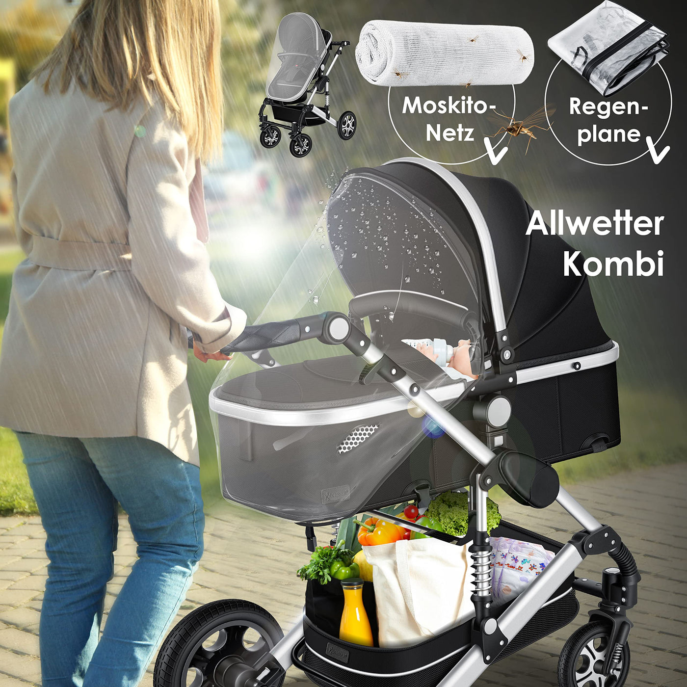 KESSER® Loops 3 in 1 Kinderwagen Kombikinderwagen Komplett-Set inkl. Babywanne & Buggy Sportsitz & Auto-Babyschale Voll-Gummireifen Wickeltasche Regenschutz Kindertisch ECE R129, Schwarz/Silber