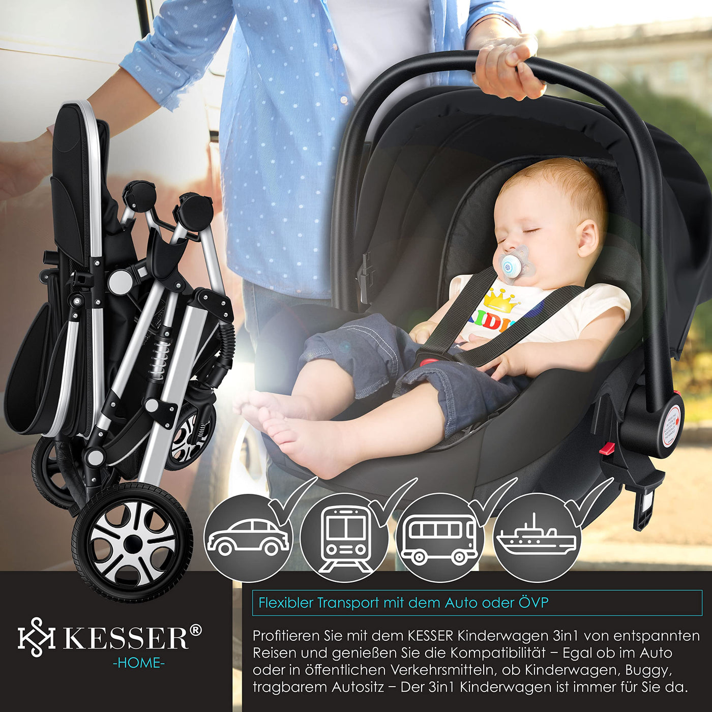 KESSER® Loops 3 in 1 Kinderwagen Kombikinderwagen Komplett-Set inkl. Babywanne & Buggy Sportsitz & Auto-Babyschale Voll-Gummireifen Wickeltasche Regenschutz Kindertisch ECE R129, Schwarz/Silber