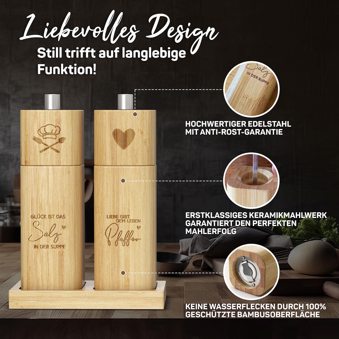 ELBFUCHS® Salz und Pfeffermühle Holz Groß [PERFEKTE GESCHENKIDEE] Liebevolles 2-er Set Pfeffer und Salzmühle mit Keramikmahlwerk | Ideal für Hölzerne Hochzeit Geschenk Einzug, Polterabend