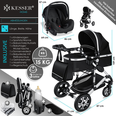 KESSER® Loops 3 in 1 Kinderwagen Kombikinderwagen Komplett-Set inkl. Babywanne & Buggy Sportsitz & Auto-Babyschale Voll-Gummireifen Wickeltasche Regenschutz Kindertisch ECE R129, Schwarz/Silber