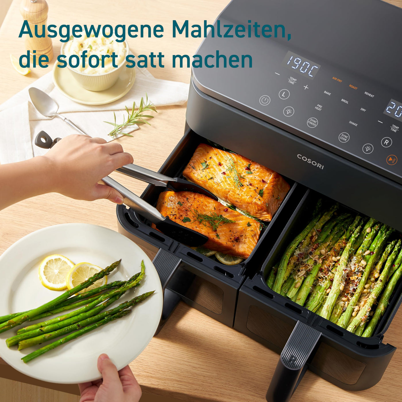 COSORI Heißluftfritteuse 2 Kammern Airfryer, 8-in-1 Dual Zone Air Fryer XXL 8,5 L, Heissluftfritteuse Doppelkammer mit Sichtfenster für ausgewogene Mahlzeit, 50 Rezepte, energiesparend, 1-5 Personen