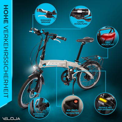 VELOJA® Ebike Klapprad – elektrisches Fahrrad faltbar – 20 Zoll – StZVO Ausstattung – 250W Hinterradnabenmotor 41 Nm, bis 100 km Distanz – 9 Gang – 5 Unterstützungsstufen – Alu – 21kg – Made in EU