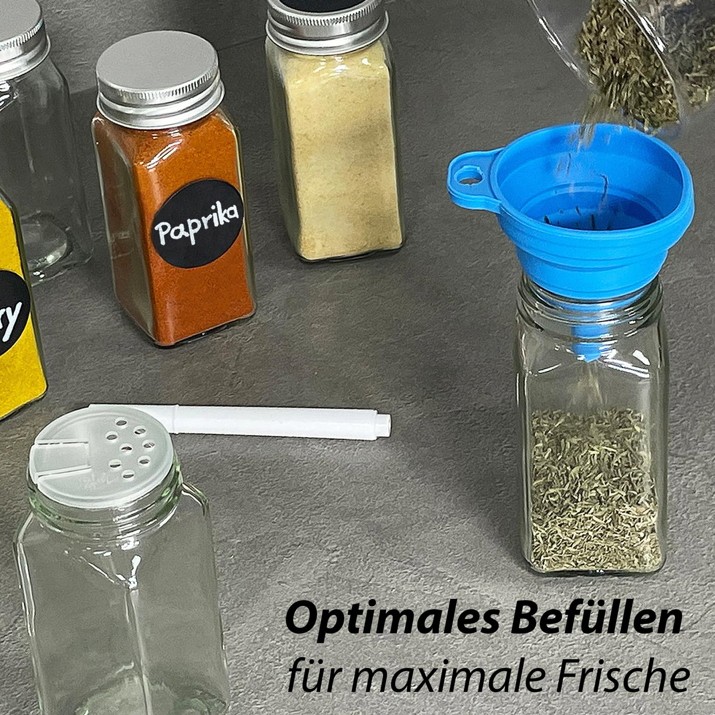 VonBueren Gewürzgläser eckig | Set mit 24 x 120 ml | Gewürzbehälter mit Streueinsatz | spice jars glas | Gewürzstreuer aus Glas | Gewürzstreuer