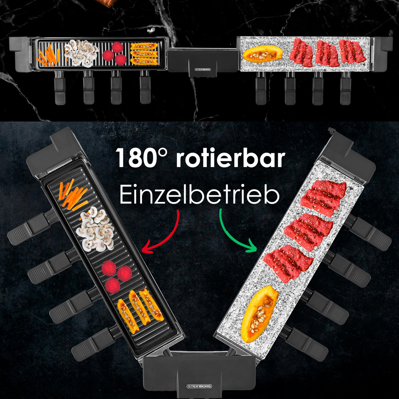 Steinborg Raclette Grill 2in1 8 Personen Raclette Gerät Raclettegrill Party Grill Elektro Grill Tischgrill Massive Naturstein- und beschichtete Grillplatte Heizelement aus Edelstahl 180° rotierbar