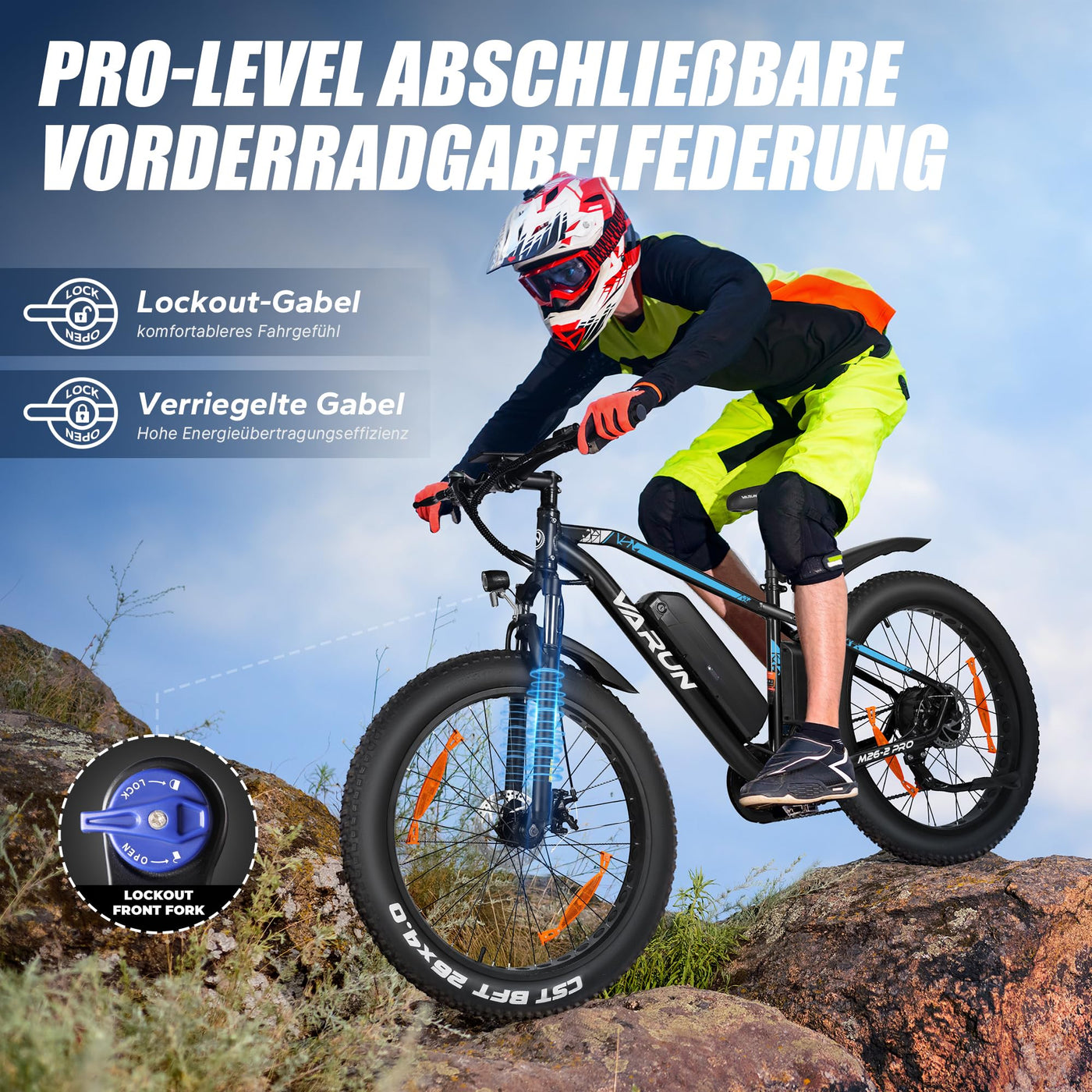 VARUN E Bike Herren 26 Zoll, 4.0 Fat Tire E-Mountainbike mit 48V13Ah Akku, 55NM 250W Motor, 5 Fahrmodi, Aluminium-E-fatbike Elektrofahrrad, StVZO-Zertifikat, Reichweite 100KM