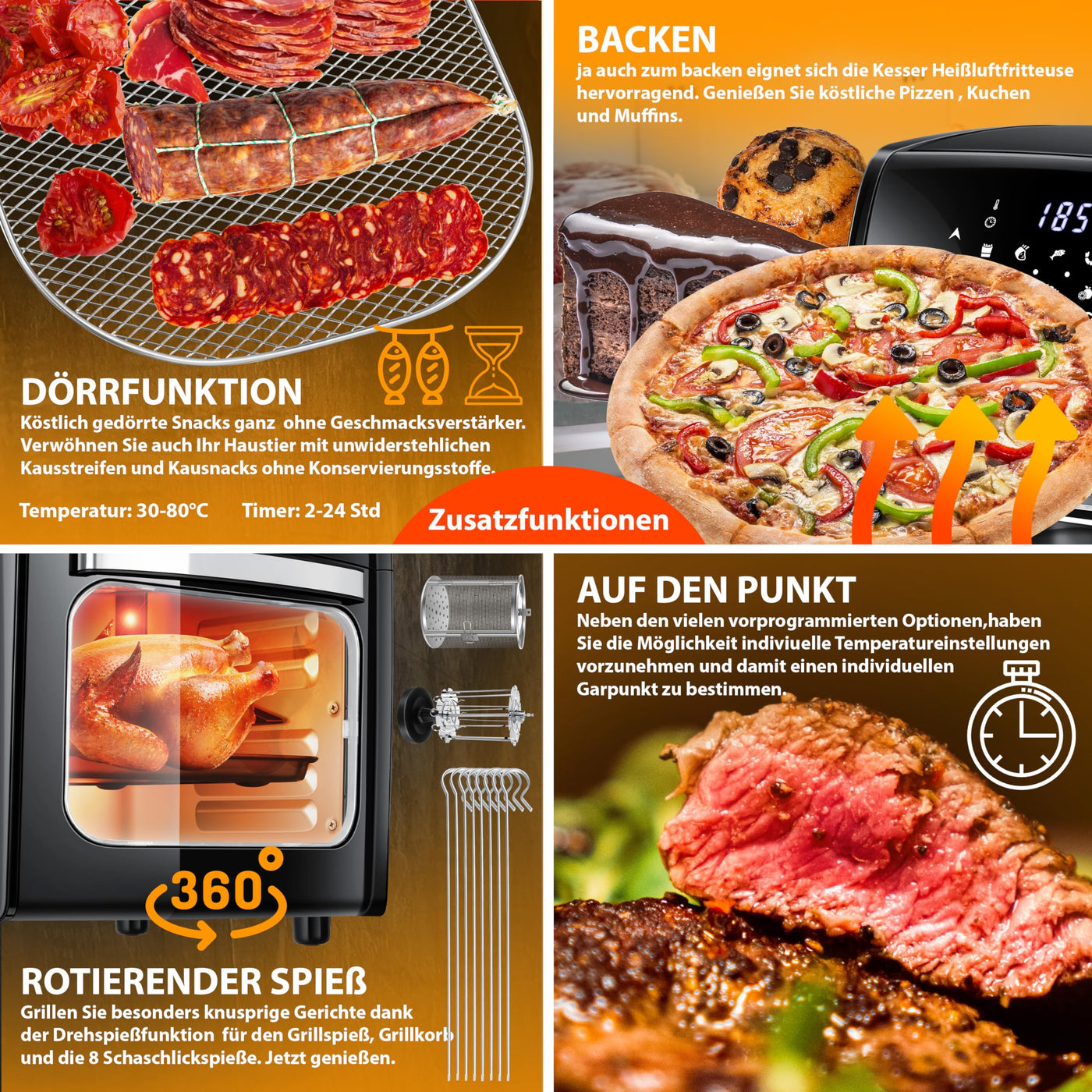 KESSER® XXL Airfryer 9in1 Heißluftfritteuse Fritteuse, | Drehgrill | Dörrautomat | Rezeptheft | Grillspieß | 1800 Watt | fettfrei grillen ohne Öl | 8 Programme | inkl. Zubehör Schwarz