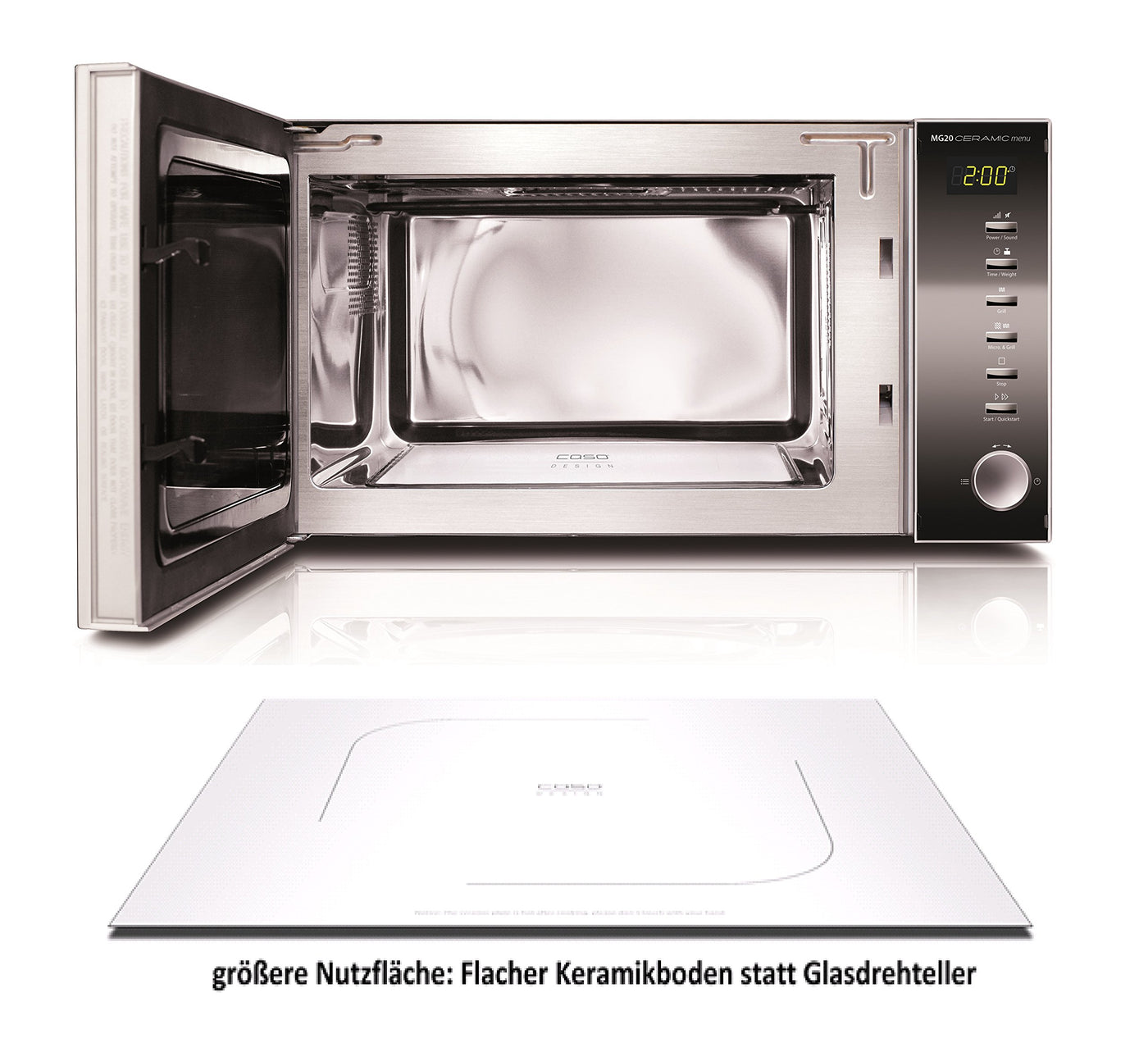 CASO | MG20 Ceramic menu 2-in-1 Mikrowelle mit Grill | Keramikboden und Grill-Rost für 2 Ebenen, 900 W, 1000 W Grill, 20 L, Edelstahl, verspiegelt