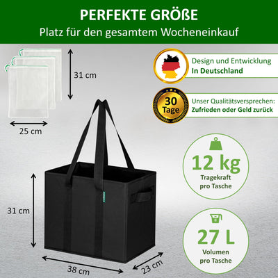 COTTARA® große Einkaufstasche faltbar 3er Pack & Obstnetz – stabiler großer Einkaufskorb faltbar mit verstärktem Boden – Ideale Einkaufstasche für Einkaufswagen & Kofferraum – 80 L Schwarz