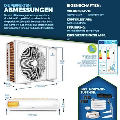 AERSON® Klimaanlage Split Set mit WiFi/App Funktion | Klimagerät Kühlen A++/ Heizen A+ - 12000 BTU/h (3500 Watt) Kältemittel R32 | Wandklimagerät Splitgerät Fernbedienung, Timer & Montagematerial