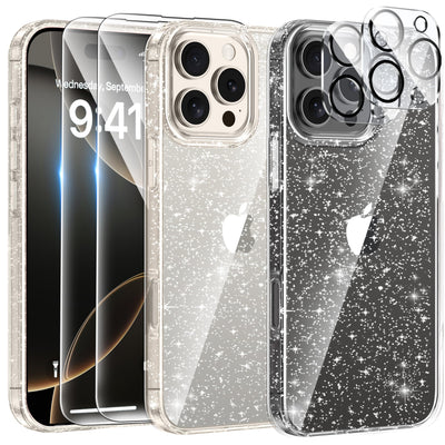 AROYI 5 in 1 Klar Glitzer Handyhülle Kompatibel mit iPhone 16 Pro Max Hülle Glitzer mit 2 Schutzfolie 2 Kameraschutz, Handyhülle iPhone 16 Pro Max Transparent Weiche TPU Silikon Case [Anti-Yellowing]