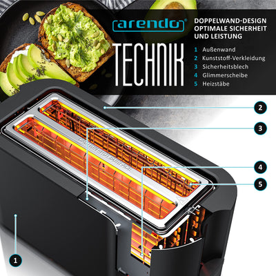 Arendo - Edelstahl Toaster Langschlitz 4 Scheiben - Touchscreen – Doppelwandgehäuse – 1500 W – Integrierter Brötchenaufsatz – 7 Bräunungsgrade – Brotzentrierung – Restzeitanzeige – Memoryfunktion