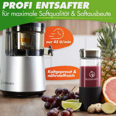 NUTRI-PRESS NO.1 Slow Juicer Profi Entsafter Testsieger Saftausbeute 3 Siebe Saft, Smoothie, Frucht-Eis Sehr leise, BPA-Frei - elektrische Saftpresse Obst Gemüse, Rezeptbuch, Flasche