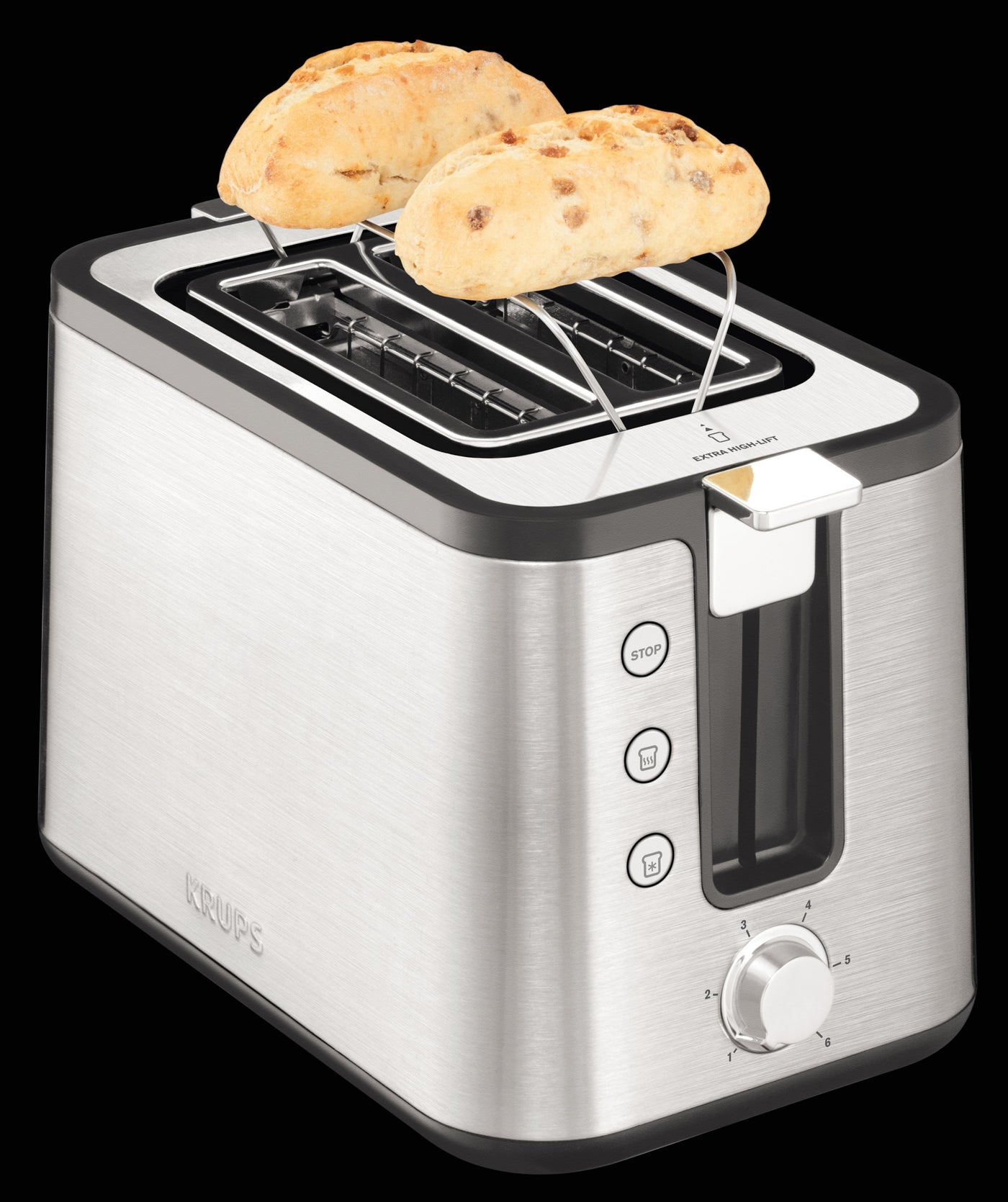 Krups KH442D Control Line Premium Toaster | Edelstahl | 2 kurze Schlitze für 2 Scheiben | Brötchenaufsatz | 6 Bräunungsgrade | 850 W | 23.6 x 32.4 x 20.2 cm | Silber/ Schwarz