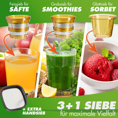 NUTRI-PRESS NO.1 Slow Juicer Profi Entsafter Testsieger Saftausbeute 3 Siebe Saft, Smoothie, Frucht-Eis Sehr leise, BPA-Frei - elektrische Saftpresse Obst Gemüse, Rezeptbuch, Flasche