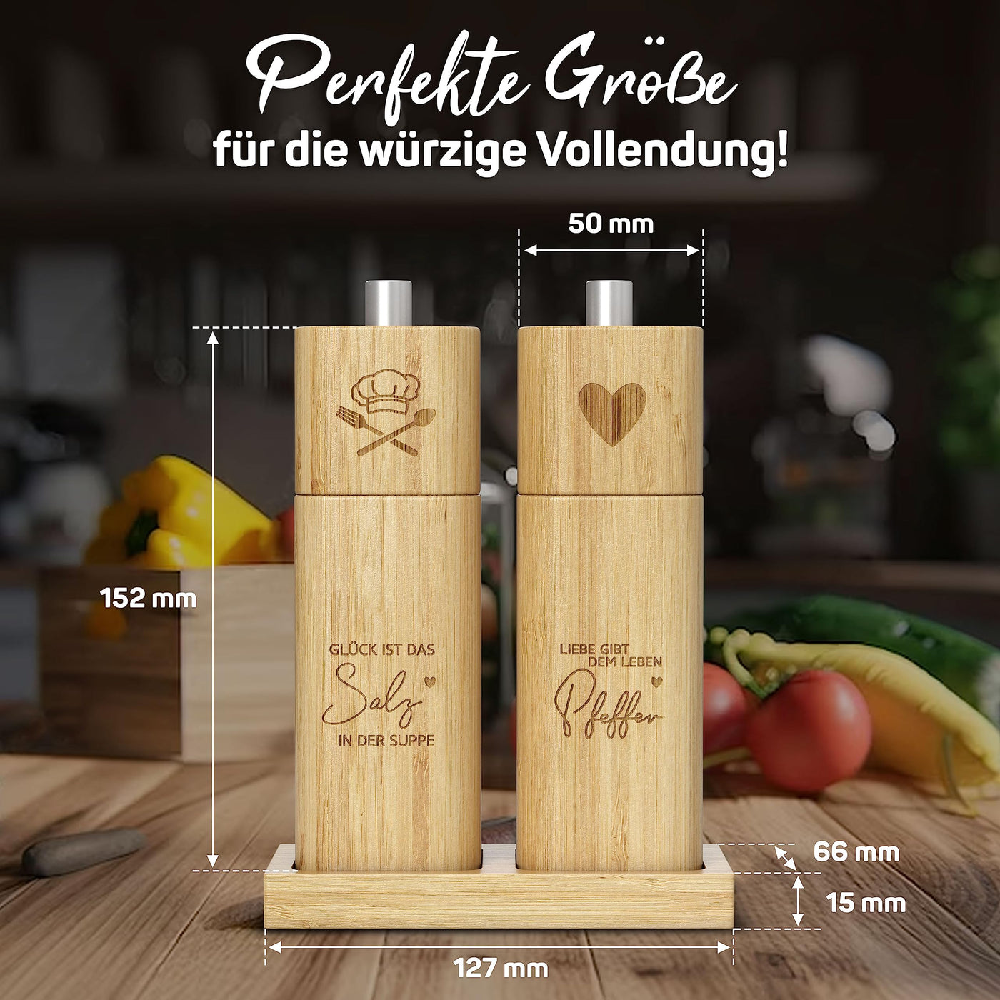 ELBFUCHS® Salz und Pfeffermühle Holz Groß [PERFEKTE GESCHENKIDEE] Liebevolles 2-er Set Pfeffer und Salzmühle mit Keramikmahlwerk | Ideal für Hölzerne Hochzeit Geschenk Einzug, Polterabend