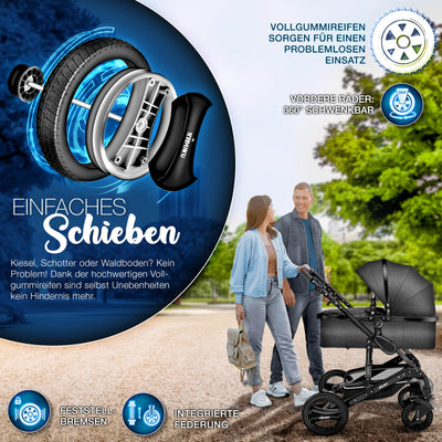 KIDUKU® 3 in 1 Kinderwagen Komplettset | Kombikinderwagen Set inkl. Babywanne & Buggy Sportsitz & Auto-Babyschale Fußsack | Vollgummireifen Wickeltasche Handwärmer Regenschutz Kindertisch ECE R129