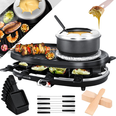 KESSER® 3in1 Raclette-Grill mit Naturgrillstein, Grillplatte und Fondue, Tischgrill für 8 Personen, Elektrogrill Raclette Grill antihaftbeschichteter Grillplatte, 8 Pfannen und Holzspatel