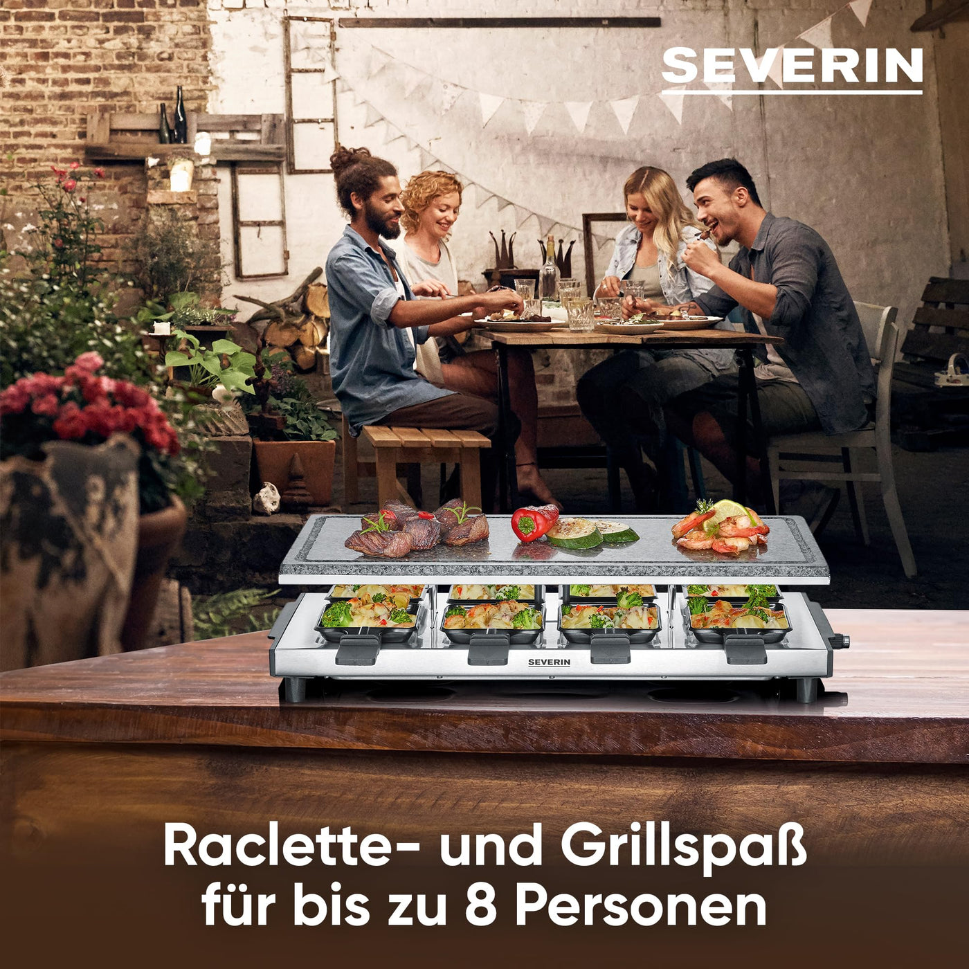 SEVERIN Raclette mit Naturgrillstein, elektrischer Tischgrill, Raclette für 8 Personen mit Grillplatte und 8 Pfännchen, Kunststoff/Edelstahl, schwarz, RG 2374