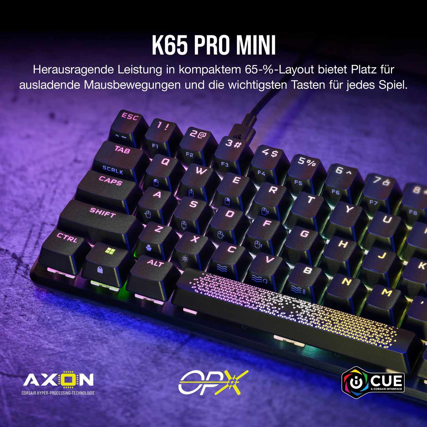 Corsair K65 PRO Mini RGB 65% Optical-Mechanical Wired Gaming Keyboard - OPX Linear Switches - PBT Double-Shot Keycaps - iCUE Kompatibel - PC, PS5, PS4, Xbox - QWERTZ DE - Schwarz