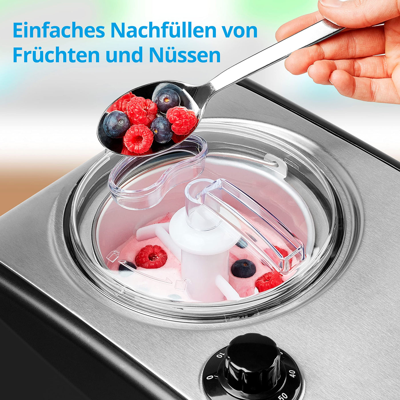 MEDION Eismaschine mit Kompressor (geeignet für die Zubereitung von Eiscreme, Frozen Yoghurt & Sorbet, 1,5 Liter, 150 Watt, MD 18387)