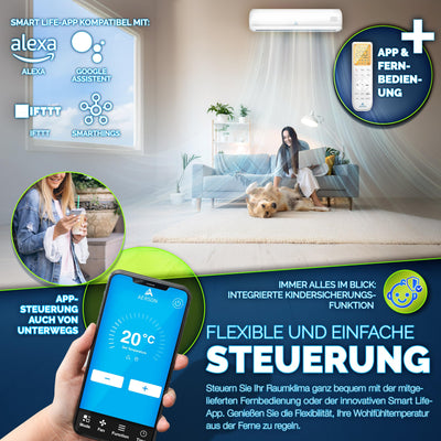 AERSON® Klimaanlage Split Set mit WiFi/App Funktion | Klimagerät Kühlen A++/ Heizen A+ - 12000 BTU/h (3500 Watt) Kältemittel R32 | Wandklimagerät Splitgerät Fernbedienung, Timer & Montagematerial