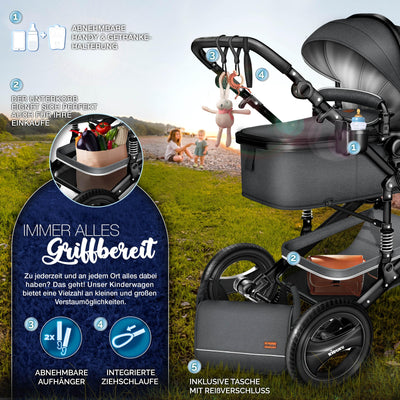 KIDUKU® 3 in 1 Kinderwagen Komplettset | Kombikinderwagen Set inkl. Babywanne & Buggy Sportsitz & Auto-Babyschale Fußsack | Vollgummireifen Wickeltasche Handwärmer Regenschutz Kindertisch ECE R129