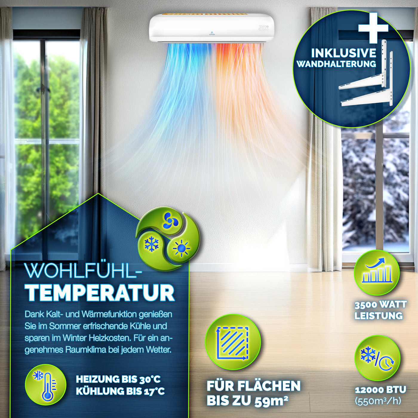 AERSON® Klimaanlage Split Set mit WiFi/App Funktion | Klimagerät Kühlen A++/ Heizen A+ - 12000 BTU/h (3500 Watt) Kältemittel R32 | Wandklimagerät Splitgerät Fernbedienung, Timer & Montagematerial