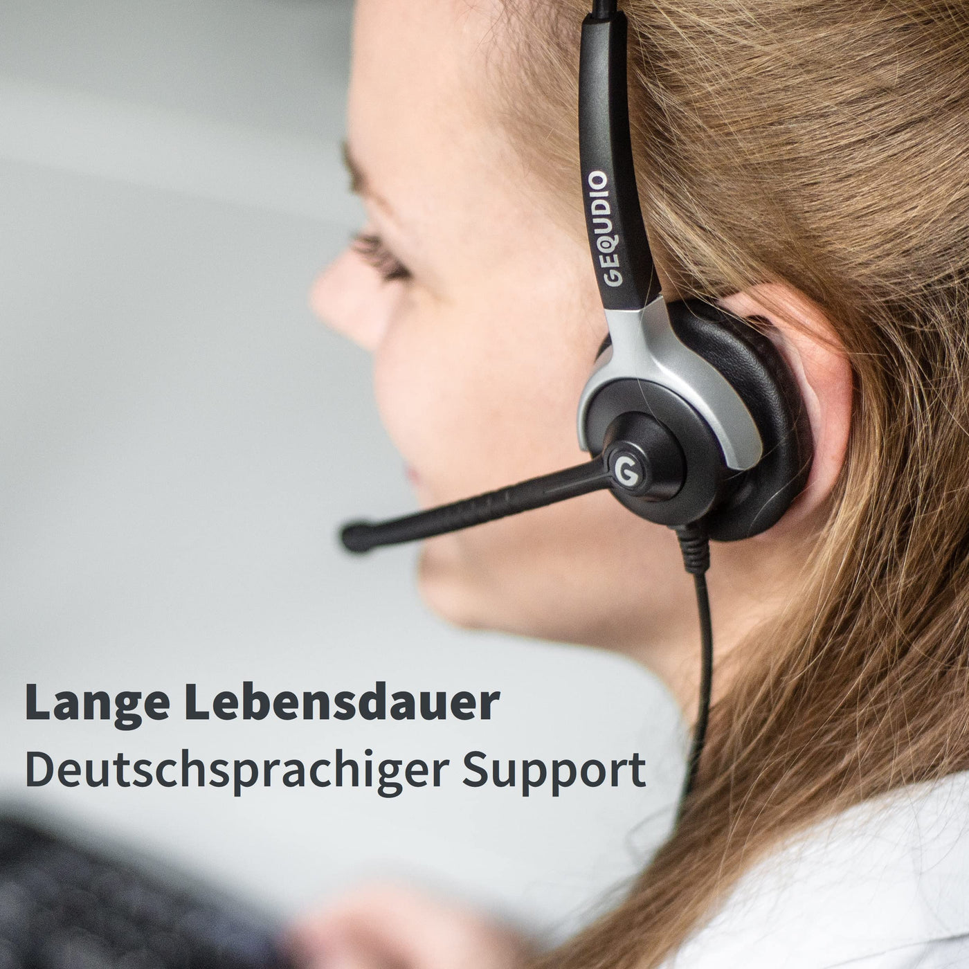 GEQUDIO Headset mit 3,5mm Klinke kompatibel mit FritzFon C6, X6, MacBook, Smartphone, Speedphone, Notebook, PC, Laptop - Kopfhörer & Mikrofon mit Ersatz Polster - leicht 60g (1-Ohr)