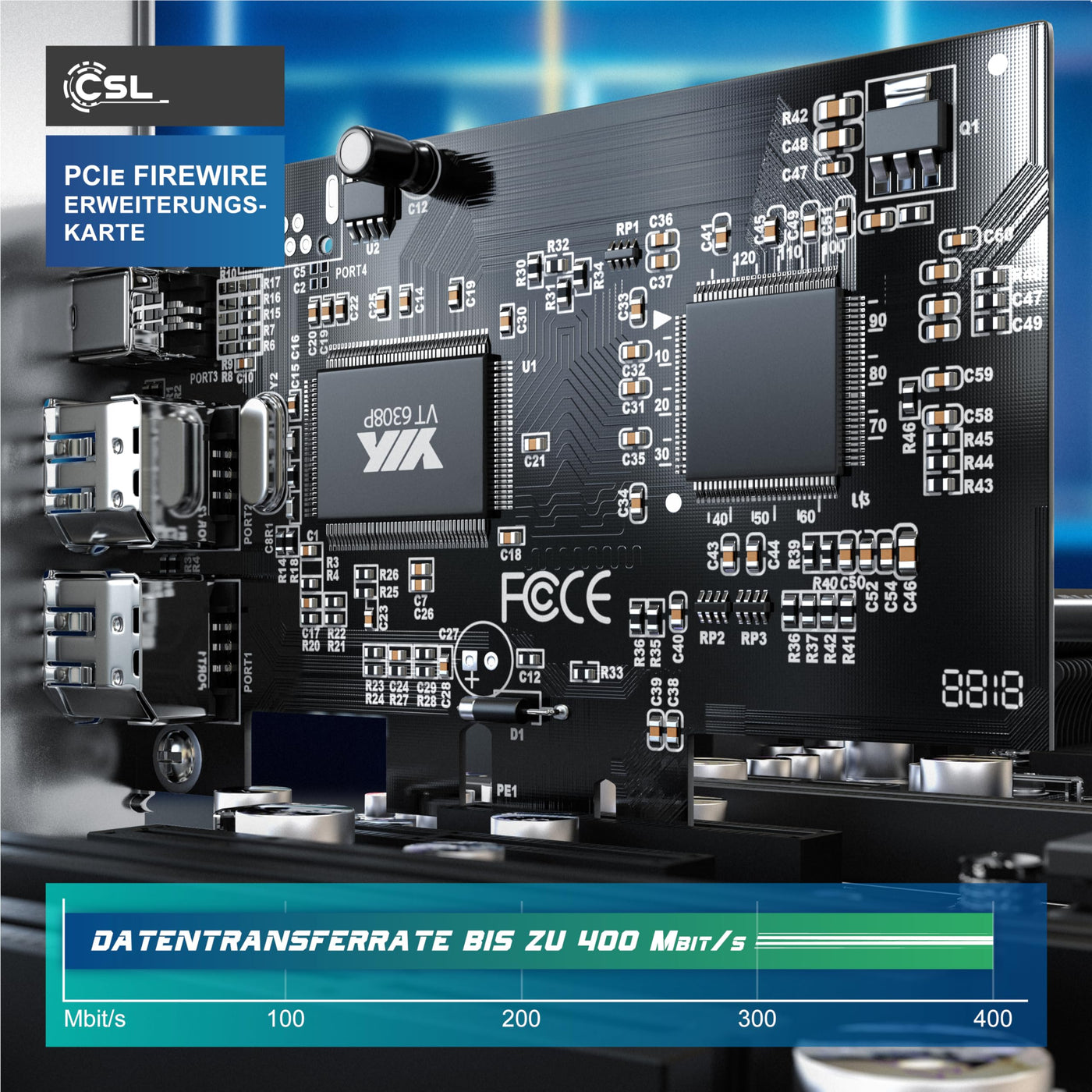 CSL PCI Firewire Karte Erweiterungskarte PCI-E 3 Anschlüsse 1394a Controller-Karte 2 x 6 Pin und 1 x 4 Pin für Desktop-PC