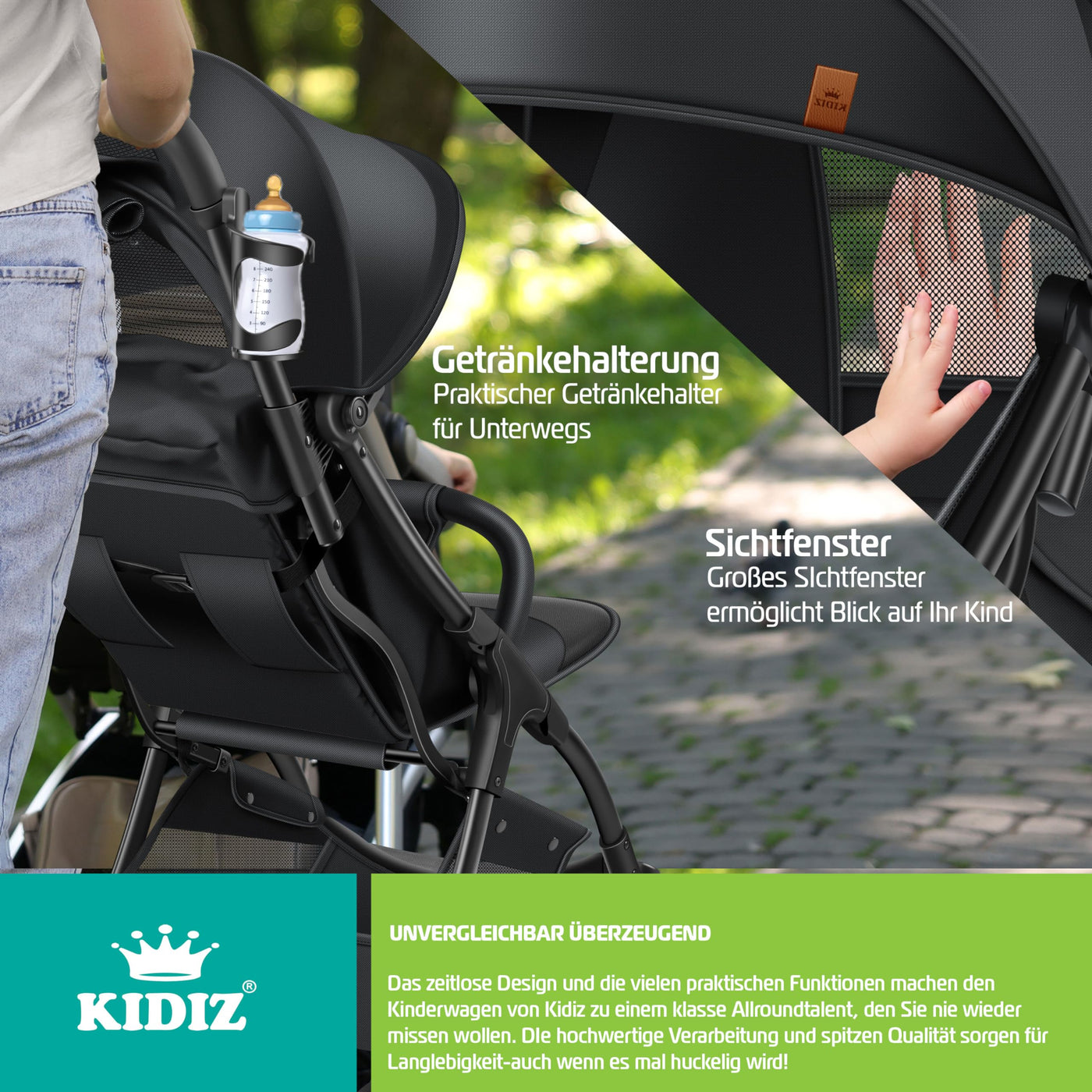 KIDIZ® Kinderwagen Premium Kinderbuggy klappbar Liegebuggy Sportwagen Faltbar 360°Räder 5-Punkt Gurt Inkl. Getränkehalter & Regenabdeckung, verstellbare Rückenlehne & Sonnenverdeck Schwarz